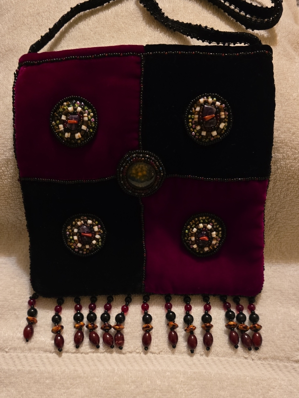 Vintage Velvet Colorblock Beaded Crossbody Bag Fringe Boho Evening Purse EUC